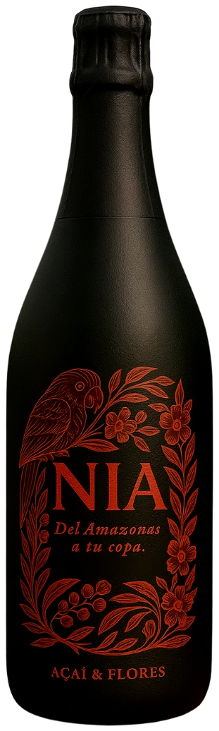 Botella negra mate de Nía Açaí & Flores, con una guacamaya y flores grabadas en tinta roja