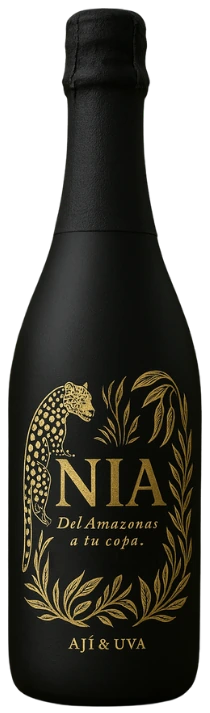 Botella negra mate de Nía con un jaguar grabado en tinta dorada