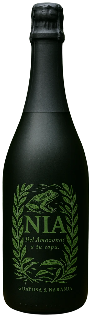 Botella negra mate de Nía Guayusa & Naranja, con una rana y hojas grabadas en tinta verde