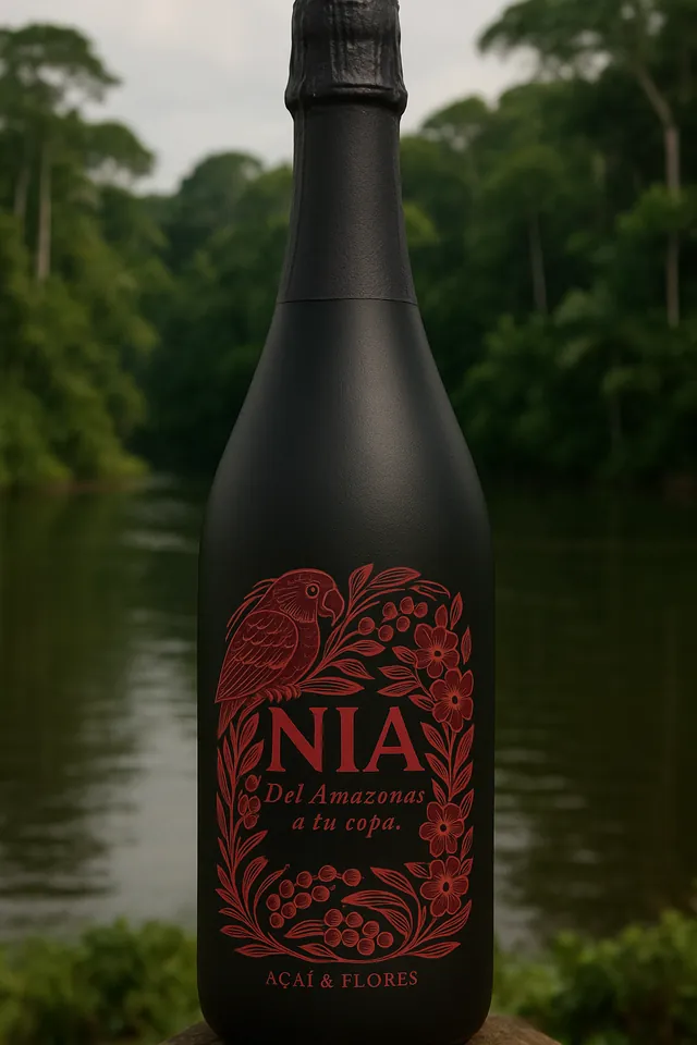 La botella de Nía Açaí & Flores en medio de la selva amazónica