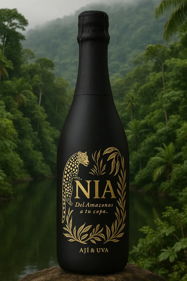 La botella de Nía Ají Amazónico & Uva en medio de la selva amazónica